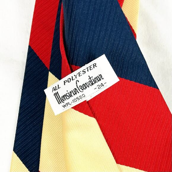 Vtg 60s 70s Mens Tie Wide Necktie Monsieur Cravatieur Red Blue Striped Polyester - Picture 2 of 2